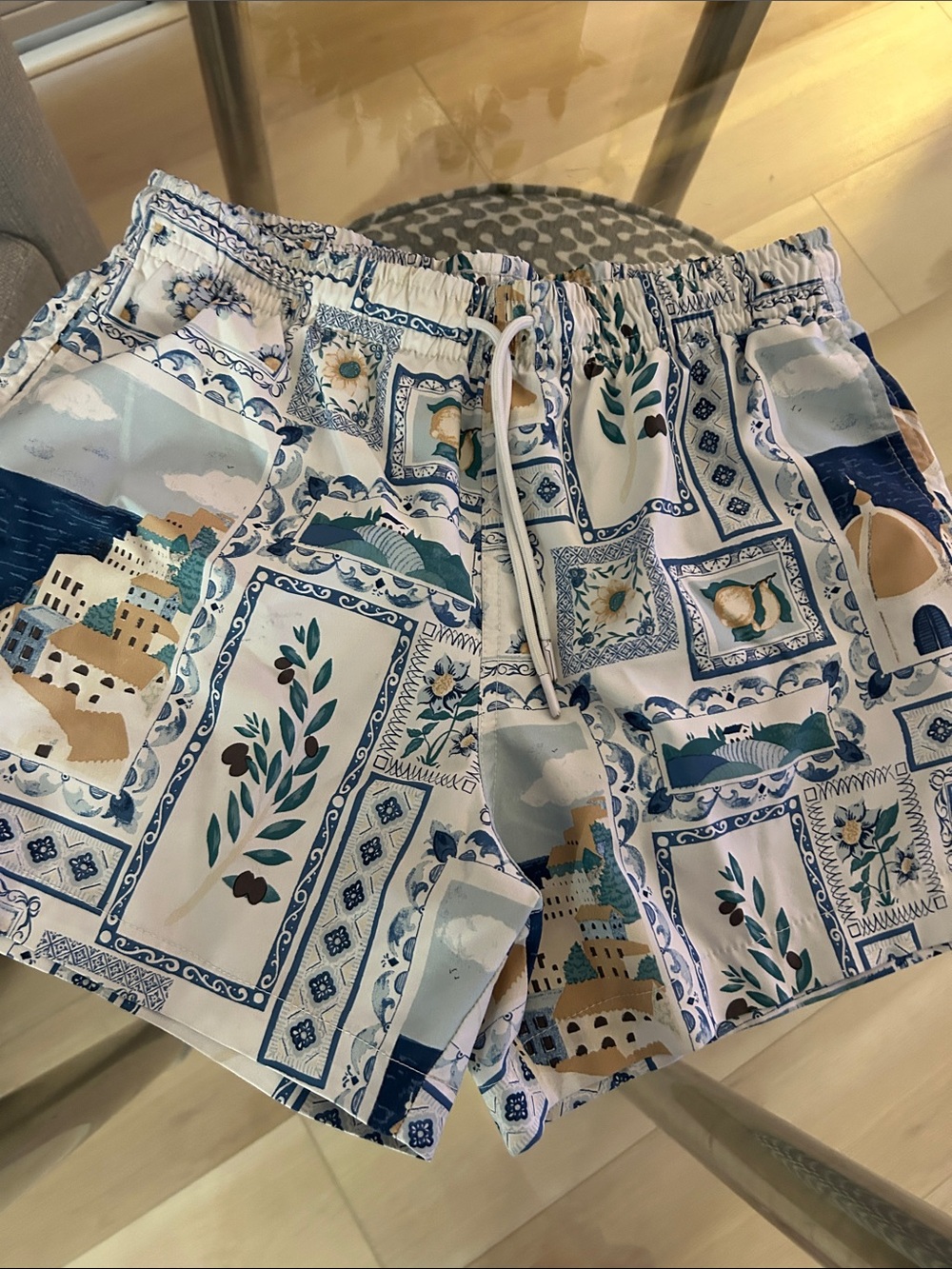 Abercrombie & Fitch White Swim Shorts with Blue & Teal Tile Print